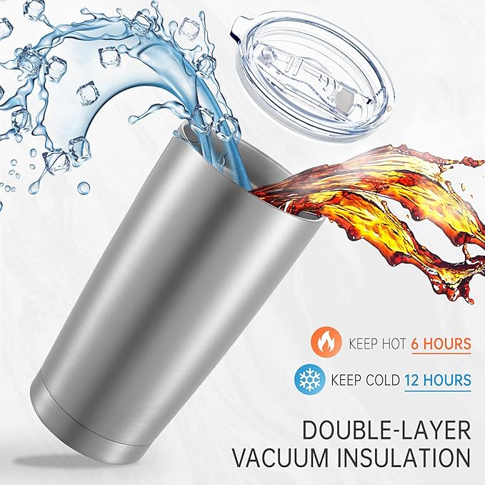 20 oz Tumbler Stainless Steel Tumblers with Lid Double Wall Vacuum Insulated Coffee Mug 20oz Powder Coated Cup for Hot and Cold Drinks, Stainless, 1 pack