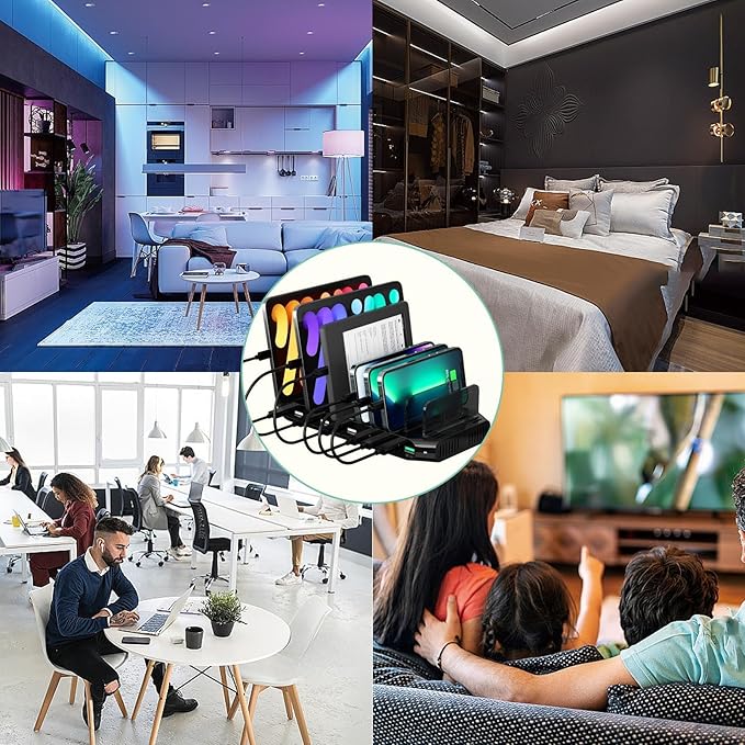 Multi USB Charging Station for Multiple Devices, 60W 10 Ports Multi Charger Station with QC3.0 Port & Adjustable Dividers Compatible with Tablets, Smartphones