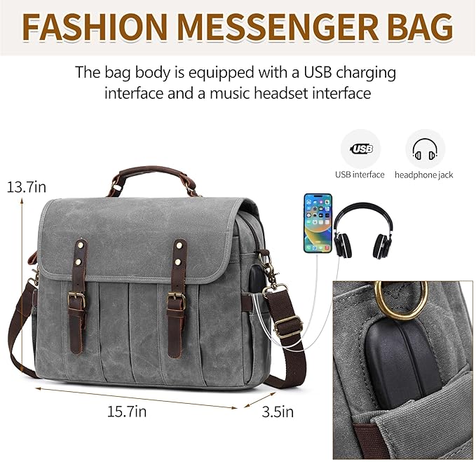 Messenger Bag for Men 15.6 Inch Vintage Canvas Genuine Leather Briefcase for Men Laptop Bag Satchel Shoulder Bag