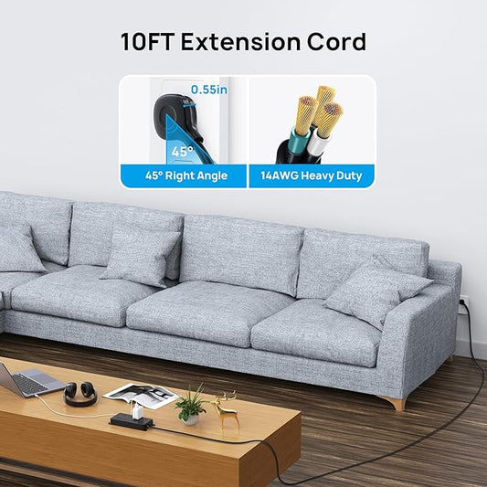 TROND Power Strip Surge Protector 10ft, ETL Listed, Flat Plug Extension Cord with 2 USB-A & 1 USB-C, Wall Mountable, 7 Widely-Spaced Outlets, 1700J, for Home Office Garage, Black