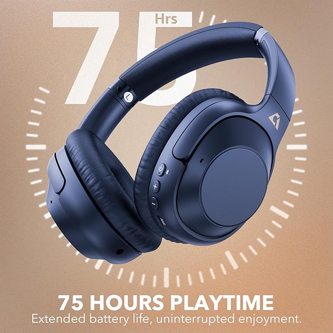 YMOO Bluetooth 5.2 Hybrid Active Noise Cancelling Headphones for Airplane Travel, Wired and Wireless ANC Headphones, 75H Playtime Over Ear Headphone, Bluetooth Headset with Mic for Adults Blue