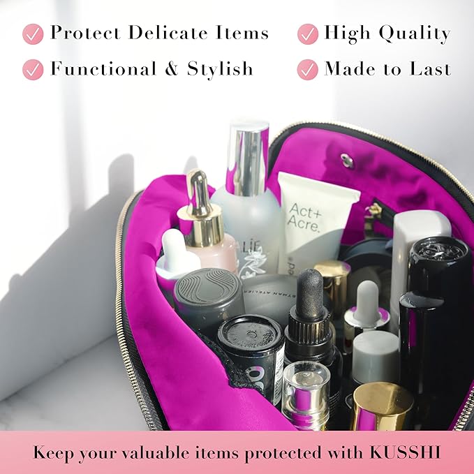KUSSHI Washable Travel Makeup & Cosmetic Bag - Brush Organizer Sold Separately (Vacationer, Satin Black/Pink)