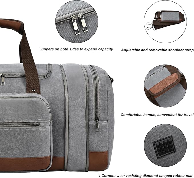 Litvyak Duffle Bag for Travel, 50L Canvas Travel Duffel Bags Overnight Weekend Gym Carry on Luggage Bag for Men & Women(Grey)