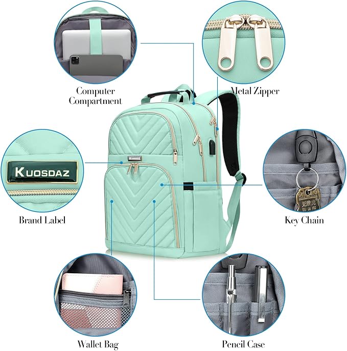 Backpack for Men Women, School Backpack for Boys Girls, 15.6 Inch Quilted Laptop Backpack with USB Charging Port, Large High School Bookbags for Teens, Teal