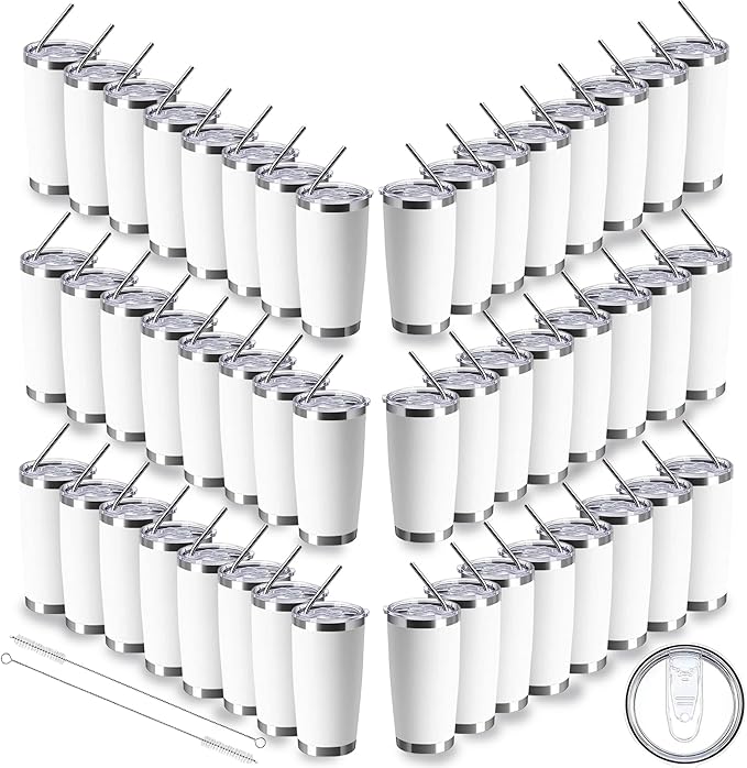 20oz insulted tumblers stainless steel cup Tumbler Bulk with push Lid, and metal straw powder coated coffee cup for cold and hot drinking (48, white)