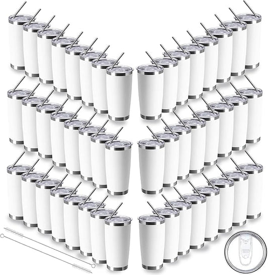 20oz insulted tumblers stainless steel cup Tumbler Bulk with push Lid, and metal straw powder coated coffee cup for cold and hot drinking (48, white)