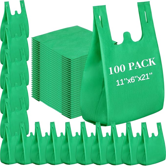 Windyun Large Grocery T-shirt Bags Bulk Reusable Non Woven Shopping Bag Foldable Gift Tote with Handle, 21x11x6 Inch