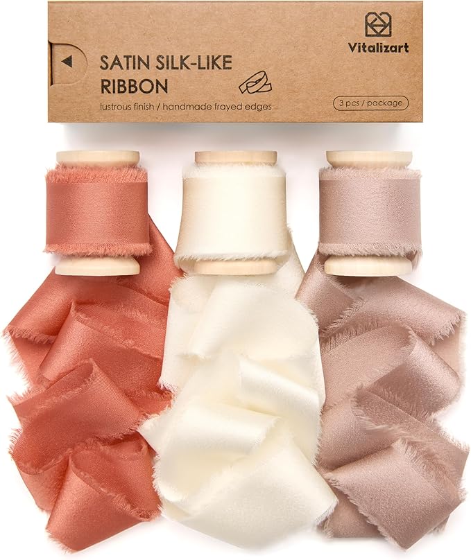 Vitalizart Silky Satin Ribbon Fall 1 Inch x 15 Yard Wooden Spool Terracotta & Cream Handmade Frayed Ribbon for Gift Wrapping Baby Shower Wedding Bridal Bouquets Holiday Decor