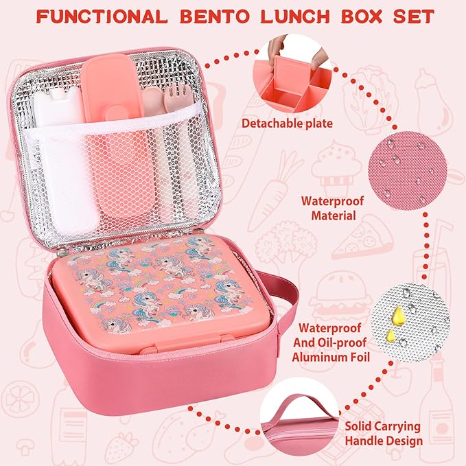 Bento Lunch Box for Kids With 8oz Soup Thermo,Leak-proof Lunch Containers with 5 Compartment,Thermos Food Jar and Lunch Bag, Food Containers for School (A-Pink(Fantasy Unicorn))