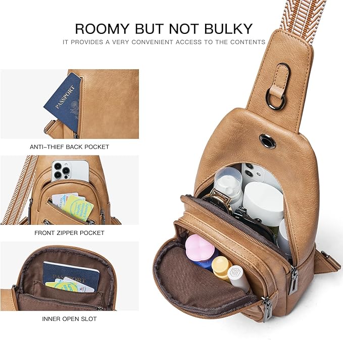 7L Sling Bag For Women Faux Leather Anti Theft Small Casual Daypack Backpack Fanny Pack Crossbody Chest Bags Purse Waterproof Tan