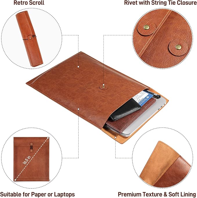 Brown PU Leather File Folder for Documents,Important Document Folder with String Tie,Laptop Sleeve Notebook Case,Leather File Organizer,A4 Envelopes Filing Folder 3PCS