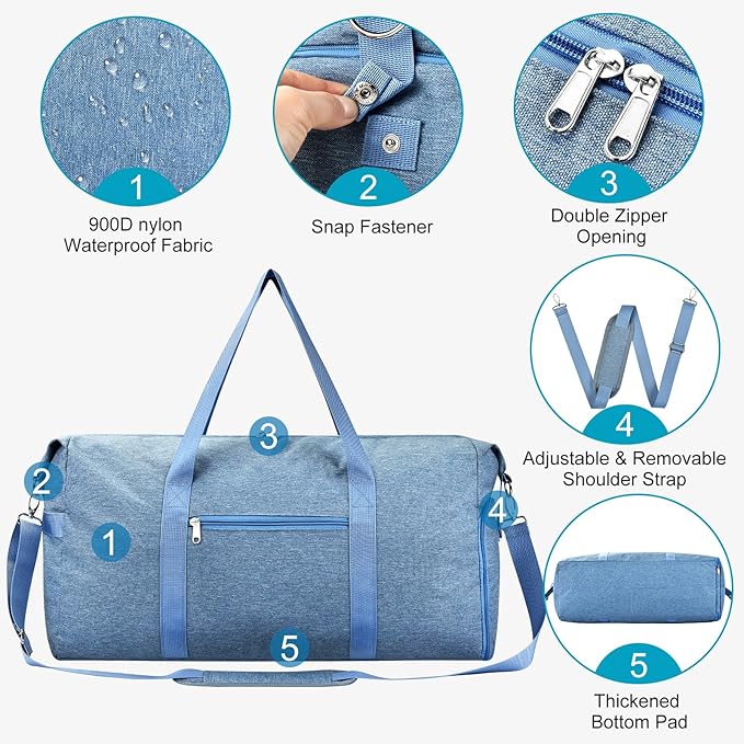 For Spirit Airlines Personal Item Bag 18x14x8, Foldable Small Travel Duffel Bags Gym Duffle Weekender Overnight Carry on Luggage Bag with Wet Pocket & Shoe Compartment for Women Men(Blue, 30L)