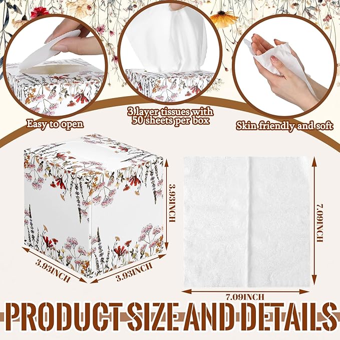 12 Pack Fall Wildflowers Facial Tissues Cube Boxes 600 Sheets 3 Ply Autumn Small Floral Flower Square Face Tissues Bulk for Thanksgiving Day Car Bedroom Party Supplies