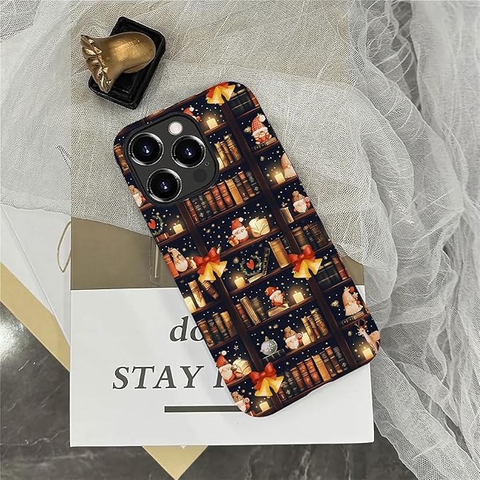 DAIZAG Case Compatible with for iPhone 14 Pro,Christmas Santa Claus Bookshelf Bells Phone Case for iPhone 14 Pro for Girl Women Boy Men