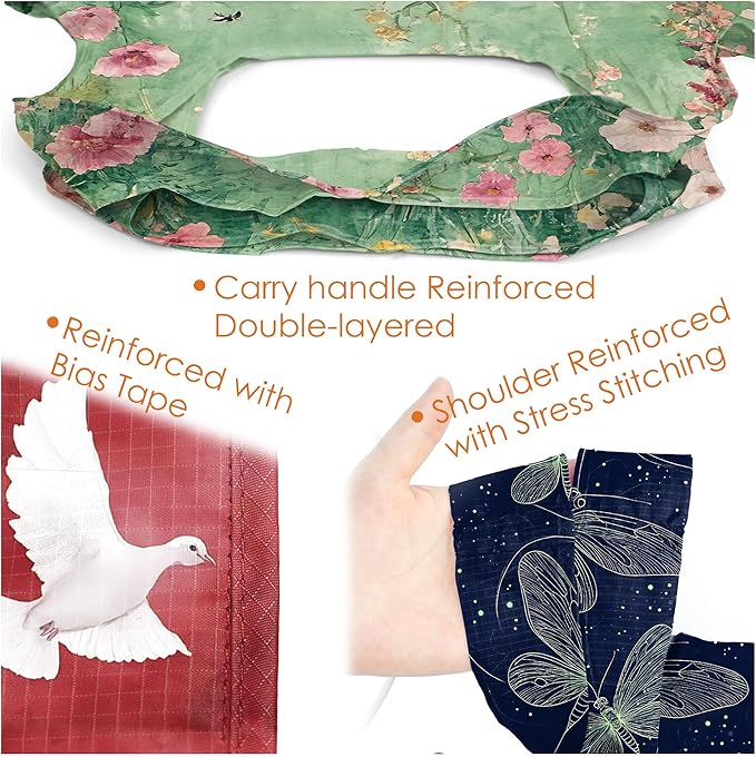 BeeGreen Dragonfly Reusable Grocery Bags 6 Pack, Heavy Duty Totes for Women, Foldable Grocery Bag Large Shopping Totes with Handles for Work, Travel, Gift, Store, Polyester Washable Reusable Tote Bag