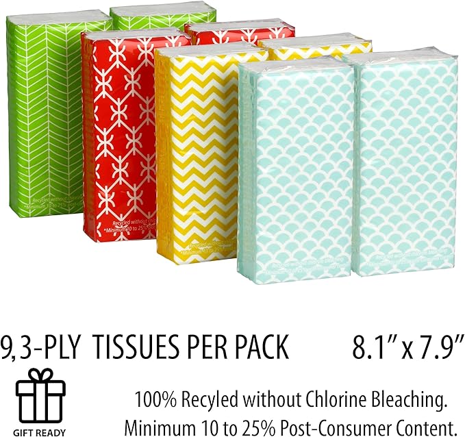 Funwares White Facial Travel Tissue Packs, Non-Bleach, Chlorine-Free, Compact Pocket Tissues for Car, Purse, School, Work, On-the-Go Tissue Packs, Geometric Design, 8 Packs, 72 Tissues, 3-Ply Sheets
