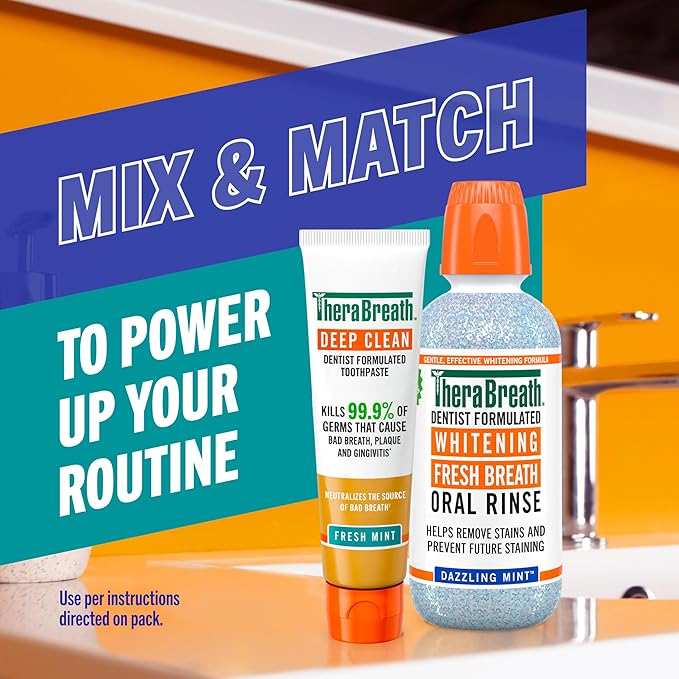 TheraBreath Deep Clean Toothpaste, Kills 99.9% of Germs That Cause Bad Breath, Gingivitis & Plaque (1), Gentle Teeth Whitening with Fluoride for Anticavity Protection, Fresh Mint, 4 Oz, 2-Pack