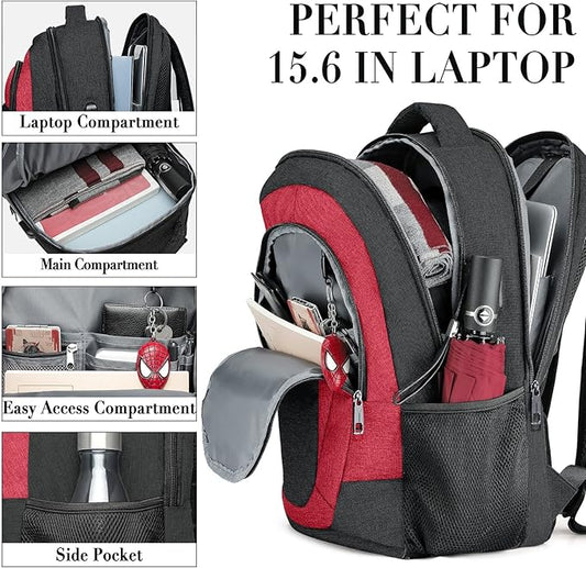 Travel Laptop Backpack for Woman and Men, School Backpack for Teens with USB Charging Port, Waterproof College Back Pack for 15.6 IN Laptop Backpack, Adult Business Computer Travel Backpack, BlackRed