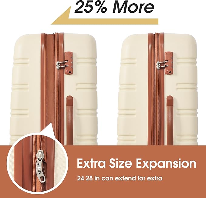 Merax Luggage sets of 13 Piece 16 20 24 28 IN Carry on Luggage sets 4 piece Hardcase White and Brown Luggage Expandable Suitcase Set with Wheels