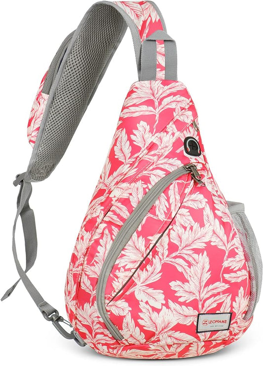 ZOMAKE Sling Bag,Small Crossbody Sling Backpack,Water Resistant Shoulder Daypack for Travel,Anti Thief Chest Bag for Hiking(Fushcia White Leaf)