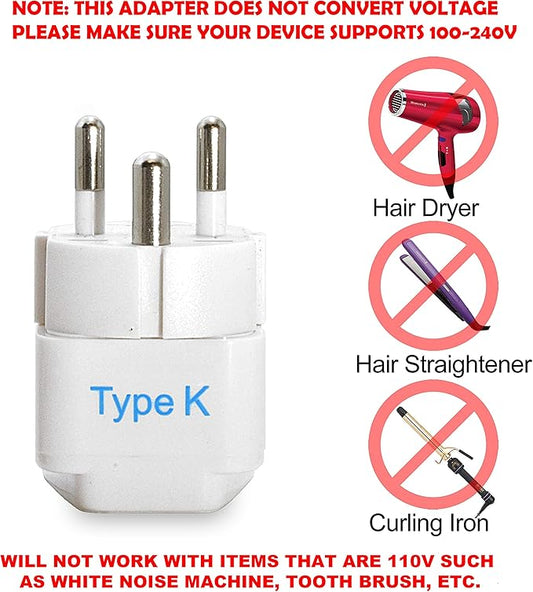 Ceptics Denmark Travel Plug Adapter (Type K) - 3 Pack (Does Not Convert Voltage) (GP-20-3PK) [Grounded & Universal]