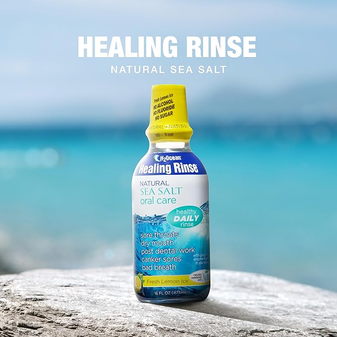 H2Ocean Healing Rinse Natural Sea Salt Oral Care - Mouth Rinse for Oral Care - Great for Piercings, Sore Throats & Gum Health - Alcohol- & Fluoride-Free Mouthwash - Lemon Ice, 16 oz