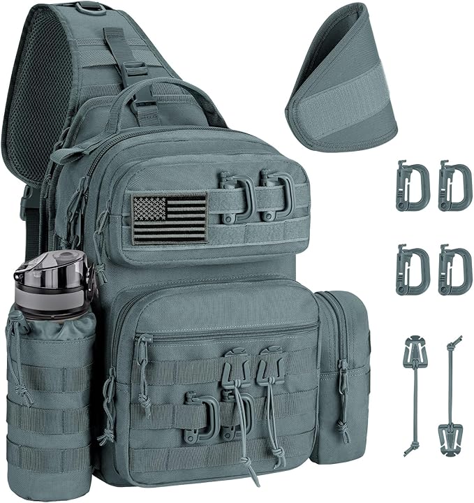 CVLIFE Tactical Sling Bag Backpack for Men Military Shoulder Sling Bag Molle Army Assault Detachable Tactical Bag with Bottle Holder Concealed Carry Daily Day Pack Work Bag for EDC Hiking, Grey
