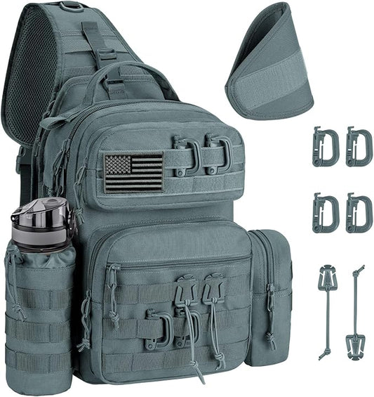 CVLIFE Tactical Sling Bag Backpack for Men Military Shoulder Sling Bag Molle Army Assault Detachable Tactical Bag with Bottle Holder Concealed Carry Daily Day Pack Work Bag for EDC Hiking, Grey