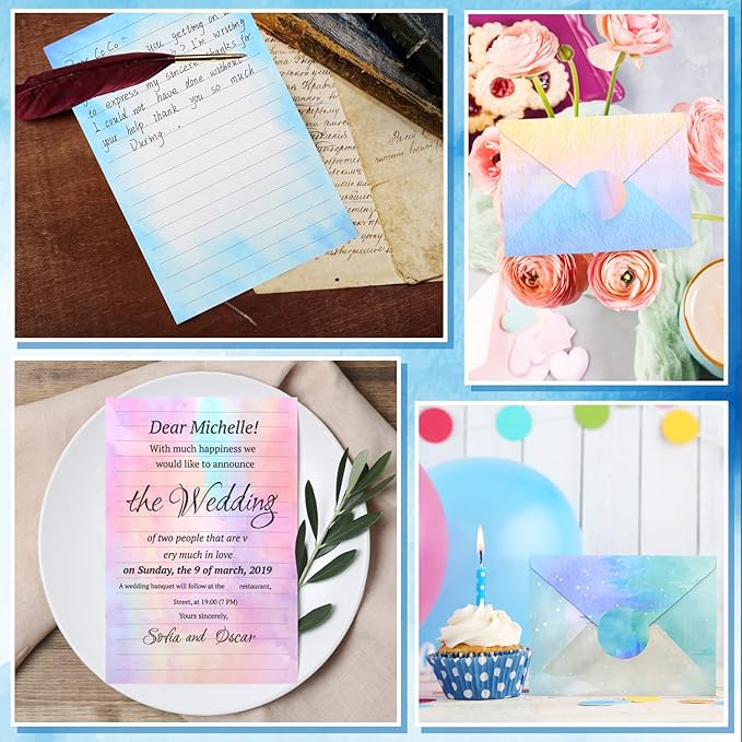 160 Pcs Stationery Paper Set Including 50 Matching Envelopes 50 One Side Stationery Writing Papers 60 Round Dot Sticker for School Office Supplies,10 Designs, 5.5 x 8.25 Inch(Watercolor)