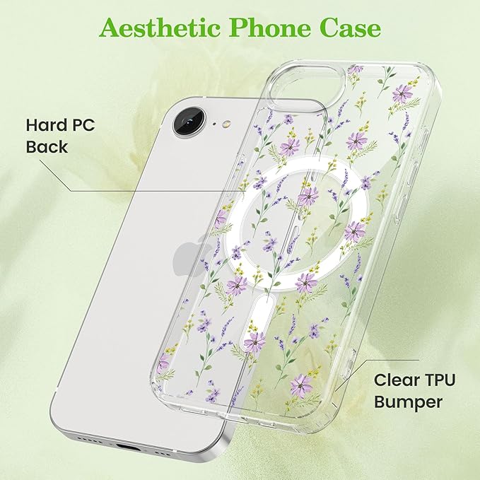 ZTOFERA for iPhone 16e Magnetic Case Compatible with Magsafe, Aesthetic Floral Pattern Design Cute for Girl Women,Anti-Drop Protective Hard Phone Cover for iPhone 16e-Purple Flower