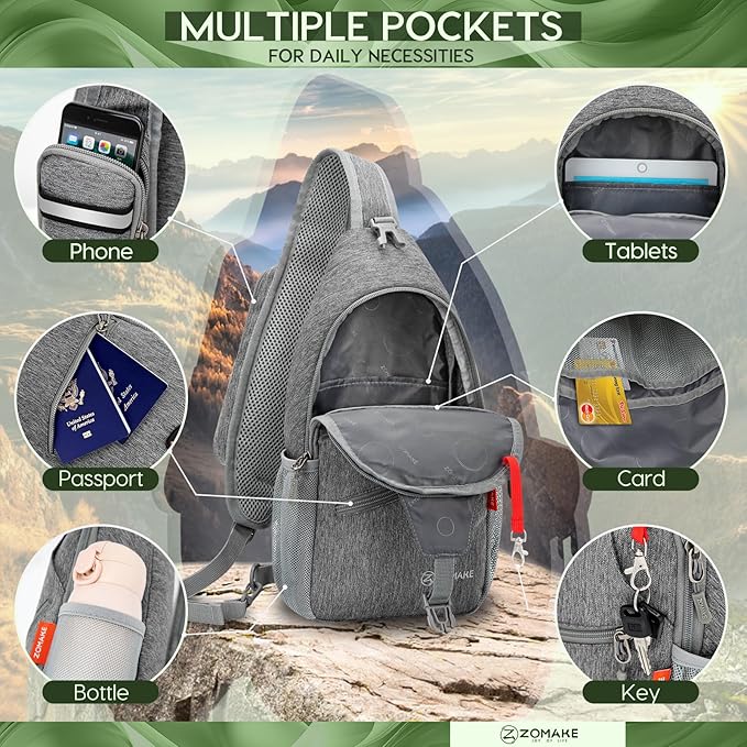 ZOMAKE Sling Bag,Small Crossbody Sling Backpack,Water Resistant Shoulder Daypack for Travel,Anti Thief Chest Bag for Hiking(Gray-Black)