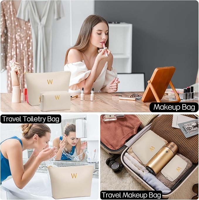 Women Gifts | Initial Makeup Bag Set for Girl Personalized Gifts for Bridesmaid Friend Graduation Teachers PU Leather Cosmetic Travel Toiletry Bag(Beige,W)