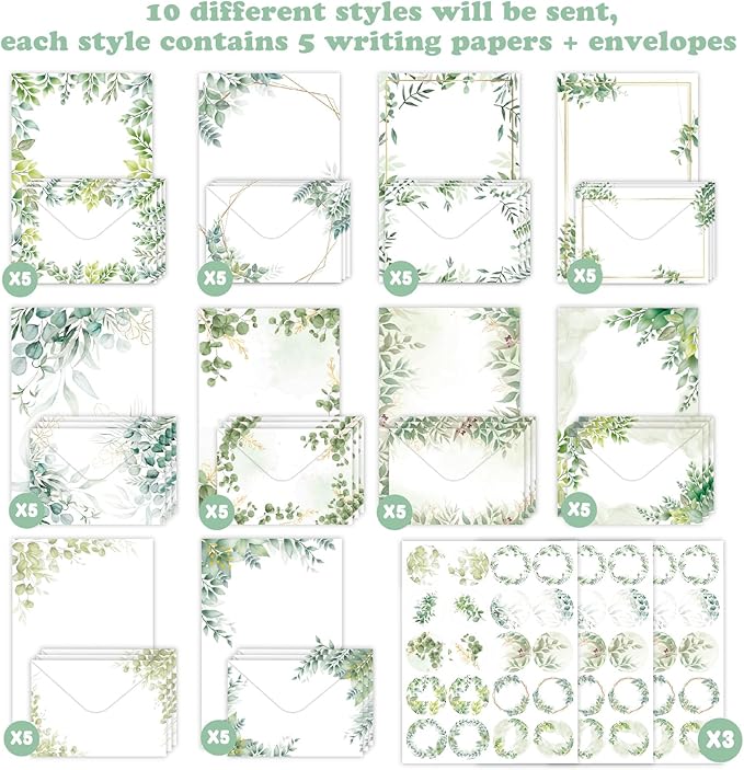 160 Pcs Stationery Paper Envelopes Set Includes 50 Writing Paper & 50 Envelopes with 60 Colorful Round Dot Stickers, Cute Vintage Tree Leaf Letter Writing Stationery Paper Envelopes(10Style)