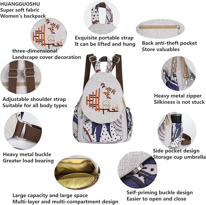 HUANGGUOSHU Women Cotton Woven Bohemian Hemp Boho Canvas Embroidery Multi Pocket Retro Cute Backpack Wallet Backpack Beans