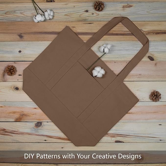 TOPDesign 3-Pack Canvas Tote Bags with an External Pocket, Reusable Grocery Shopping Bags, Top Zipper Closure, Daily Essentials (Brown)