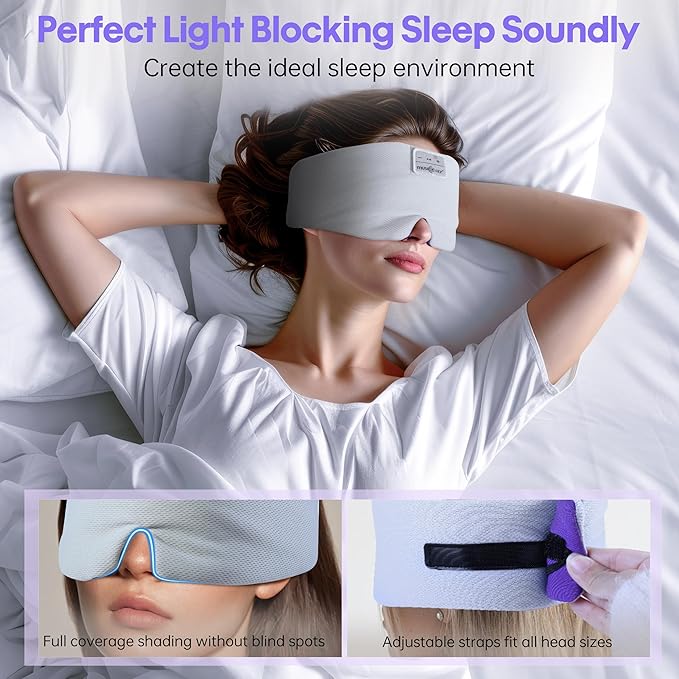 MUSICOZY Ice Silk Sleep Headphones with Bluetooth Mask, Eye Mask for Sleeping in Total Darkness, 5.4 Bluetooth Sleep Mask Sleep Headphones, Soft, Gifts for Men Women (Purple)