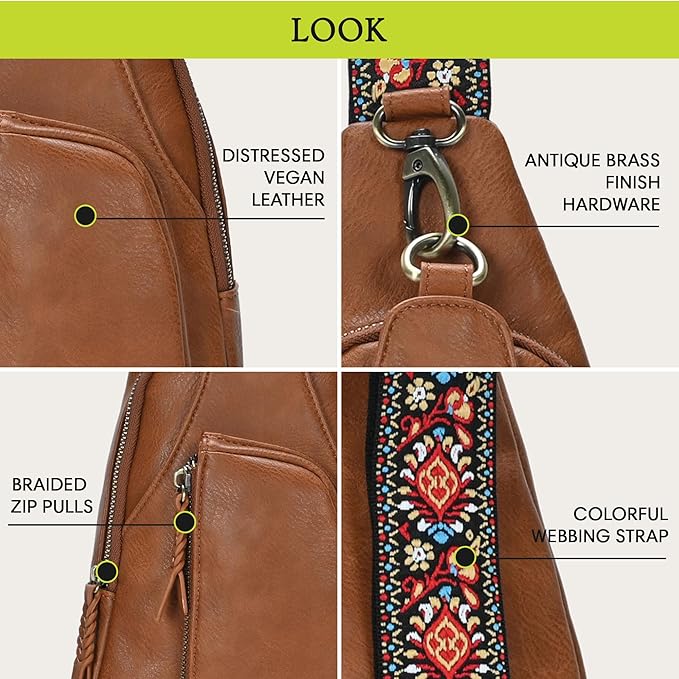 Antik Kraft Tasha Webbing Strap Sling (Tan) | Vegan Leather Crossbody Bag for Women with 16-20" Strap | Sling Bags for Women with Durable Antique Brass Hardware | 7in x 2.5in x 12.5in |