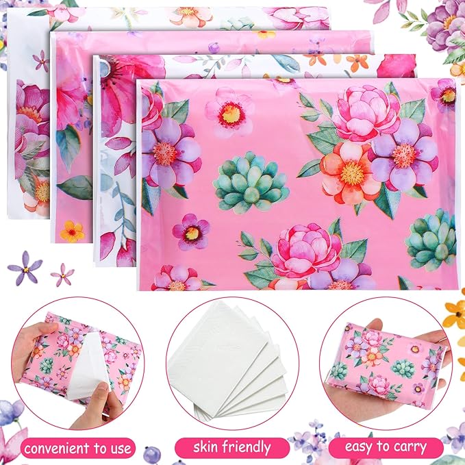 PerKoop 100 Pack Pocket Tissues Travel Slim Packs Small Facial Tissues Wallet Size Toilet Paper for Travel Guest Wedding Supplies, 4 Styles(Flower Travel)