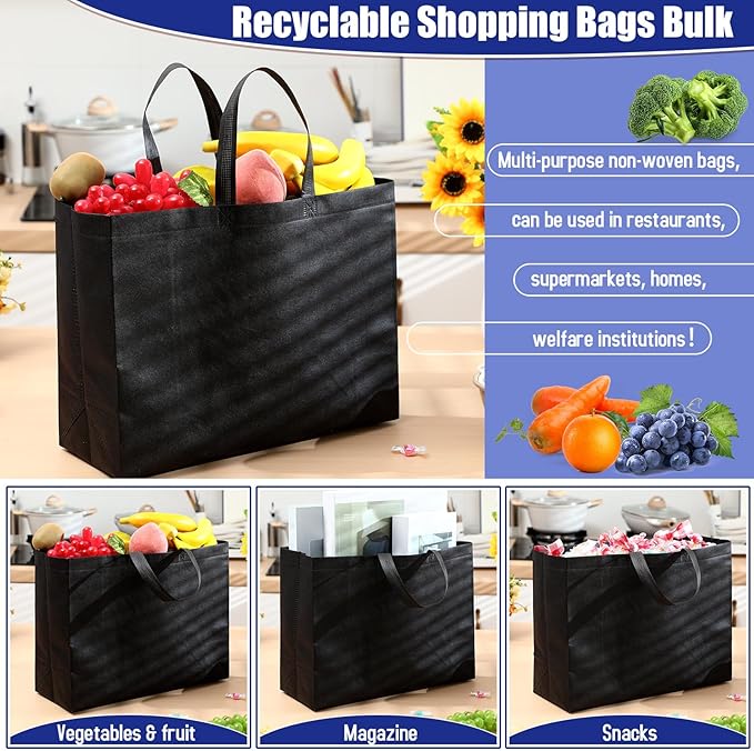 Windyun Reusable Grocery Bags Large Non Woven Shopping Bags with Handles Foldable Portable Tote Bulk, 16x6x12 Inch