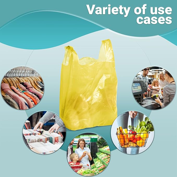 Yellow T-Shirt Bags, 12 x 6 x 22 Inches. Pack of 700 Plastic Merchandise Bags, 18 Micron. Unprinted Grocery Bags with Handles. High Density Polyethylene Shopping Bags for Small Business