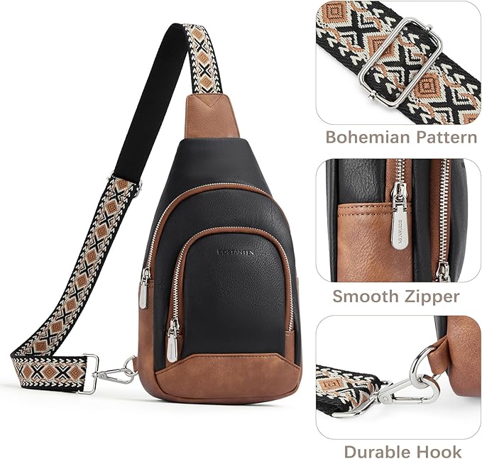 BOSTANTEN Sling Bag for Women Leather Crossbody Bag Vintage Cross Body Purse for Travel with Guitar Strap, Bohemian Style