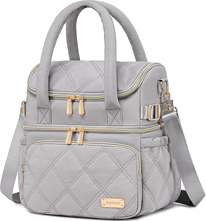 Weitars Lunch Bag for Women Men,Double Deck Lunch Box for Women,Quilted Lunch Tote for Work,Insulated Lunch Cooler Leakproof Lunchbox for Adult with Shoulder Strap &Pockets for Picnic Hiking (Gray)