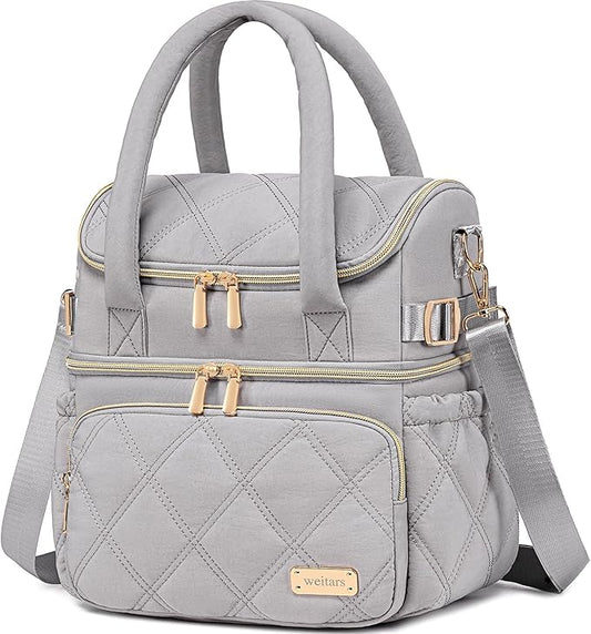 Weitars Lunch Bag for Women Men,Double Deck Lunch Box for Women,Quilted Lunch Tote for Work,Insulated Lunch Cooler Leakproof Lunchbox for Adult with Shoulder Strap &Pockets for Picnic Hiking (Gray)