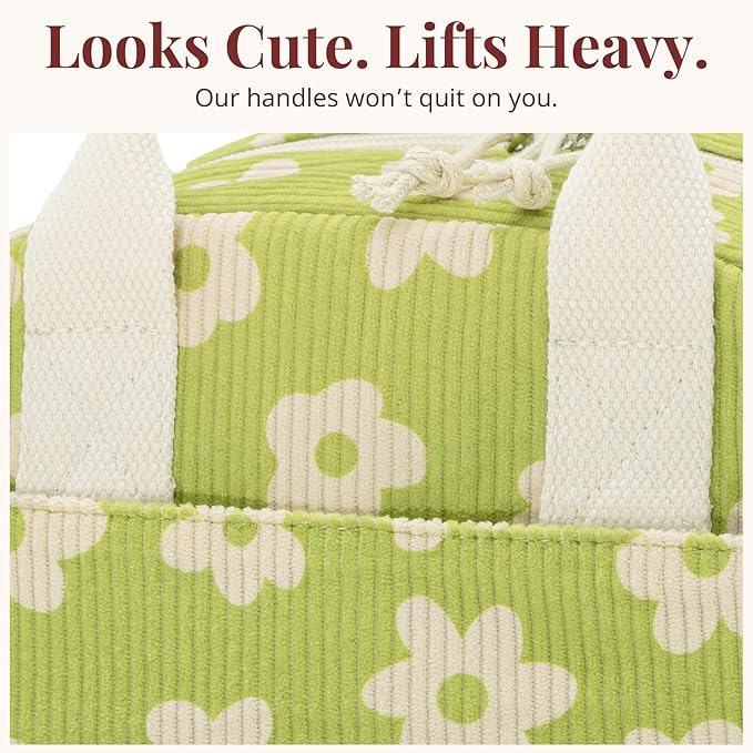 Insulated Floral Lunch Bag for Women, Stylish Corduroy Tote with Aluminum Lining, Large Capacity Reusable Cooler for Work, Travel, Beach or Picnic, Creamy Floral Water-Resistant Lunch Box