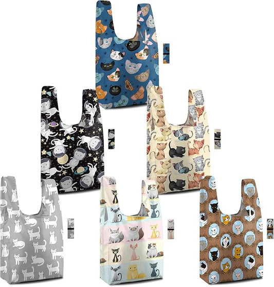 BeeGreen Reusable Grocery Bags 6 Pack - Foldable, Heavy Duty Shopping Tote Bags with Zipper Pouch, Large Capacity (50+ Lbs), Animal Prints Designs for Women & Men, Machine Washable