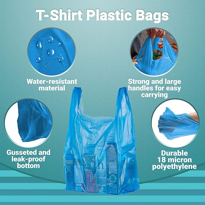 Blue T-Shirt Bags 18 x 8 x 32 Inches. Pack of 400, High Density Polyethylene (HDPE), Unprinted, Handled, Reusable/Recyclable, Perfect for Stores, Restaurants