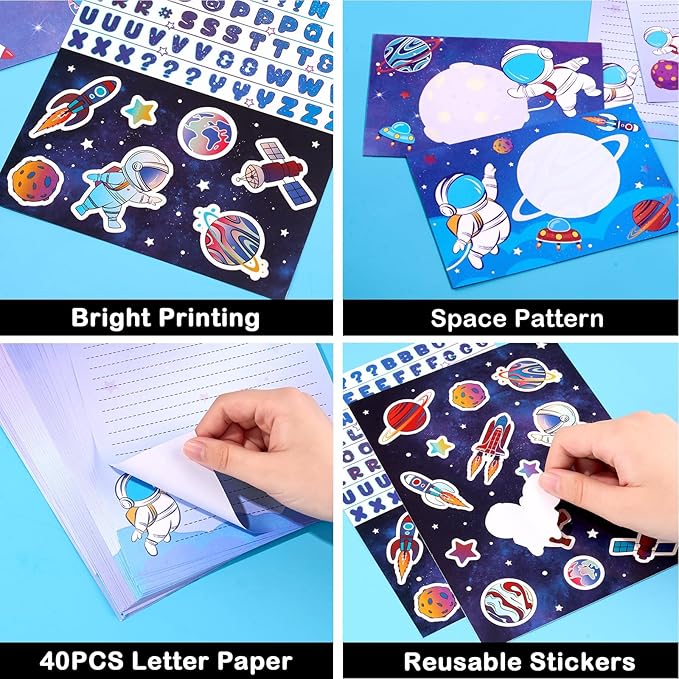WERNNSAI Kids Stationery Set - 72PCS Boys Stationery Set Teens Universe Letter Writing Kit Aerospace Letter Paper Set Stationery Writing Sheets with Envelopes School Space Gift Set