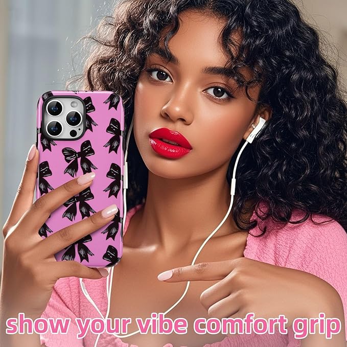 QLTYPRI Case for iPhone 16 Pro Max, Aesthetic Black Ribbon Bow Phone Case for Girls Women, Protective Hybrid 2-Layer Hard Shell Silicone Cover Durable Shockproof Phone Cover - Rose Red