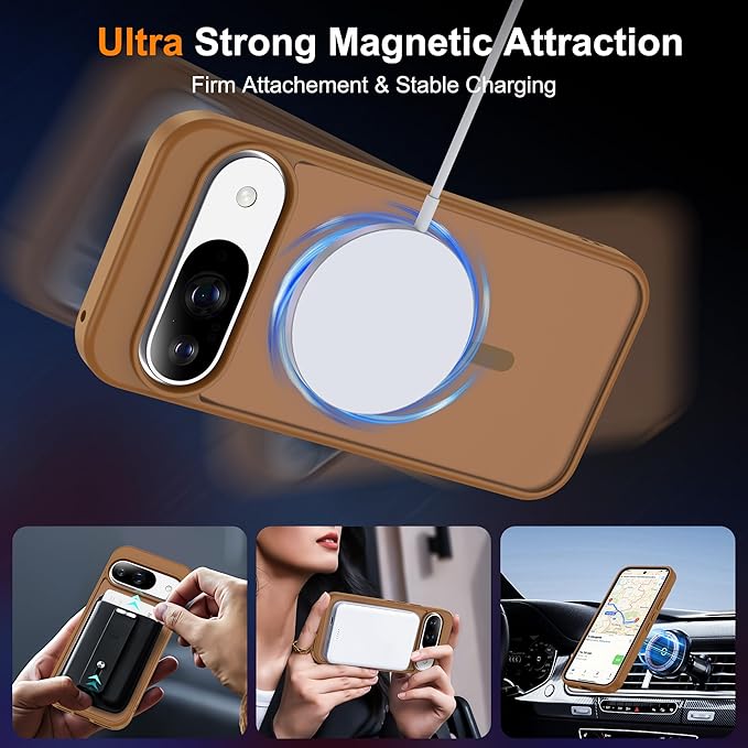 Compatible with Google Pixel 9 Case & Google Pixel 9 Pro Case with Magnetic [Compatible with Mag-Safe] Slim Translucent Matte Phone Cases with Anti-Fingerprint Tech, Brown