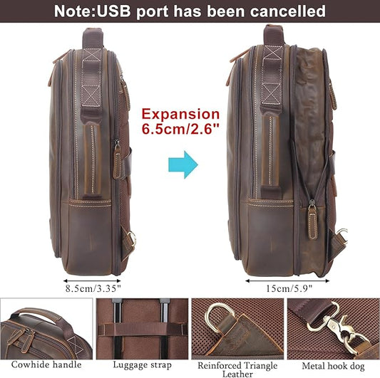 Masa Kawa Leather 15.6" Laptop Backpack for Men Convertible Briefcase Backpacks Expandable Vintage Business Work Travel Rucksack Daypack, Light Brown